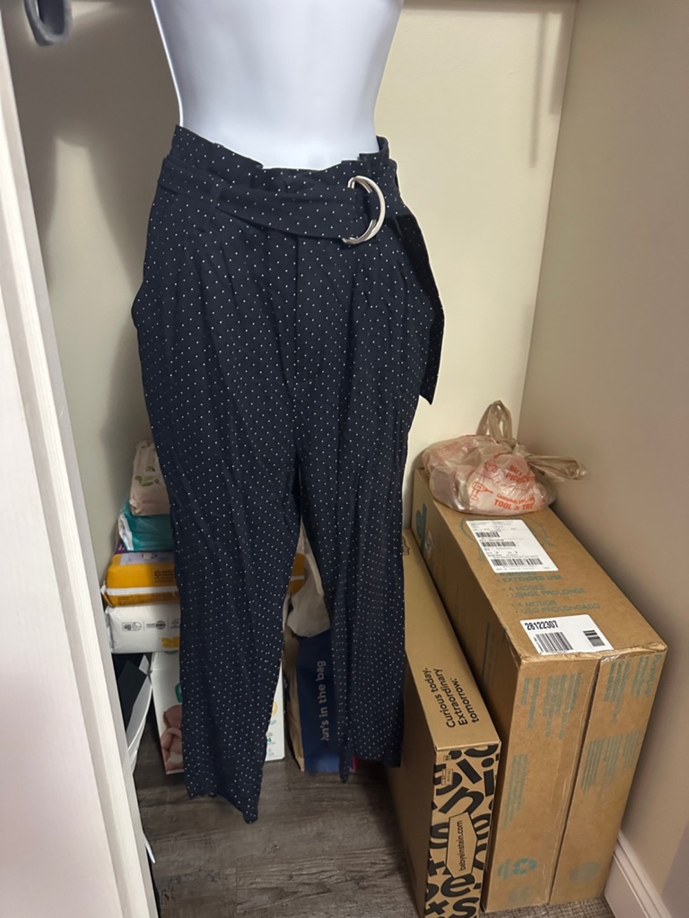 High Waisted Small Forever21 Navy Polka Dot Pants with Belt